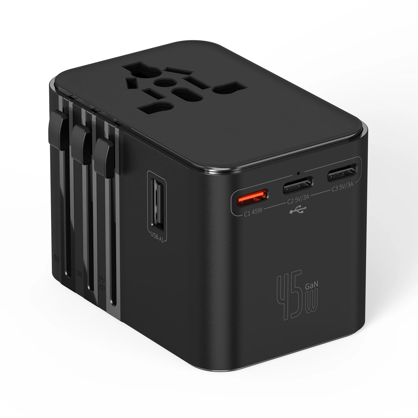 Universal 2500W Travel Adapter – 4 AC Outlets, 1 USB & 2 Type-C PD 25W Fast Charging EU/UK/US/AUS Plug