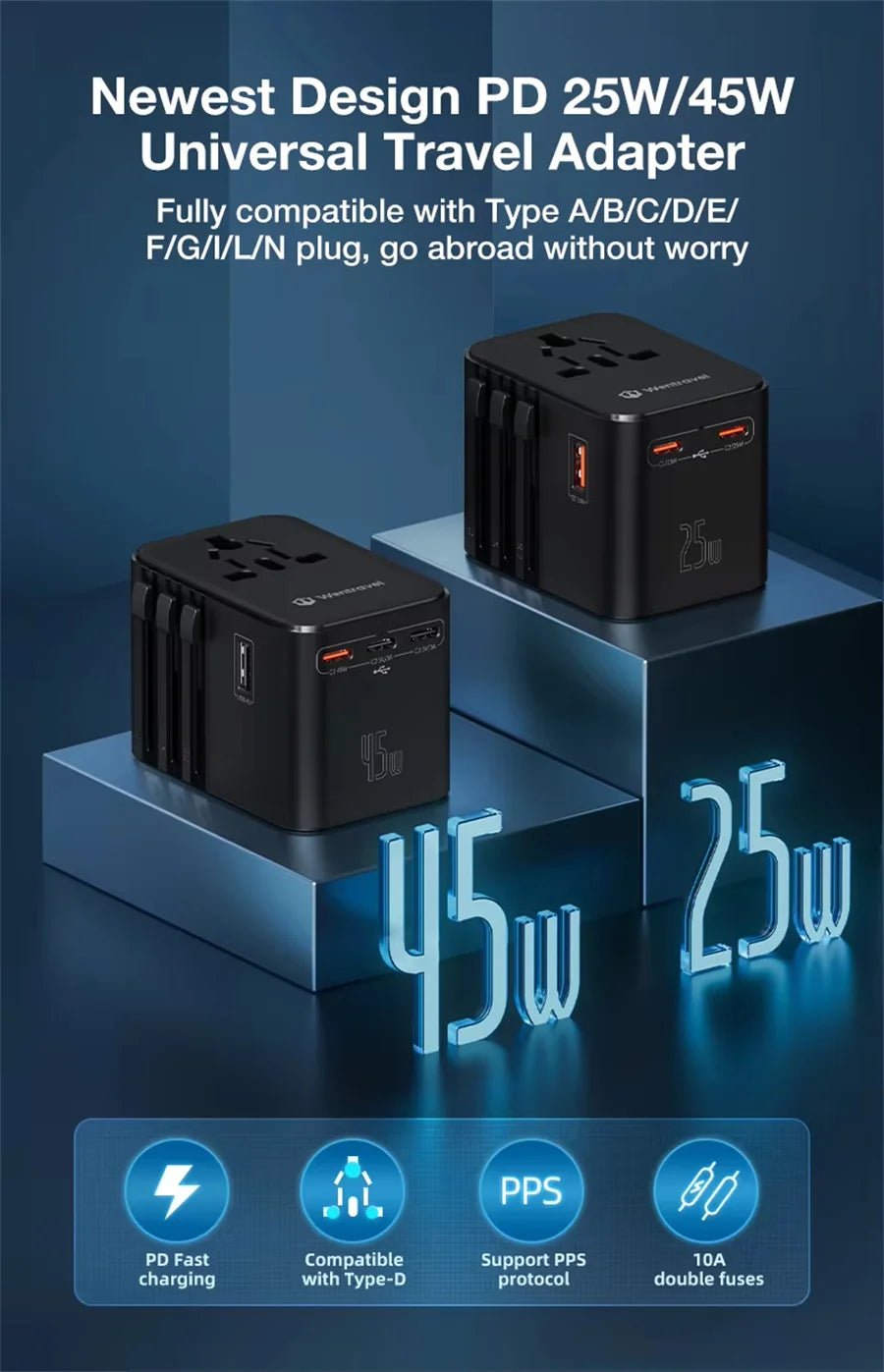 Universal 2500W Travel Adapter – 4 AC Outlets, 1 USB & 2 Type-C PD 25W Fast Charging EU/UK/US/AUS Plug