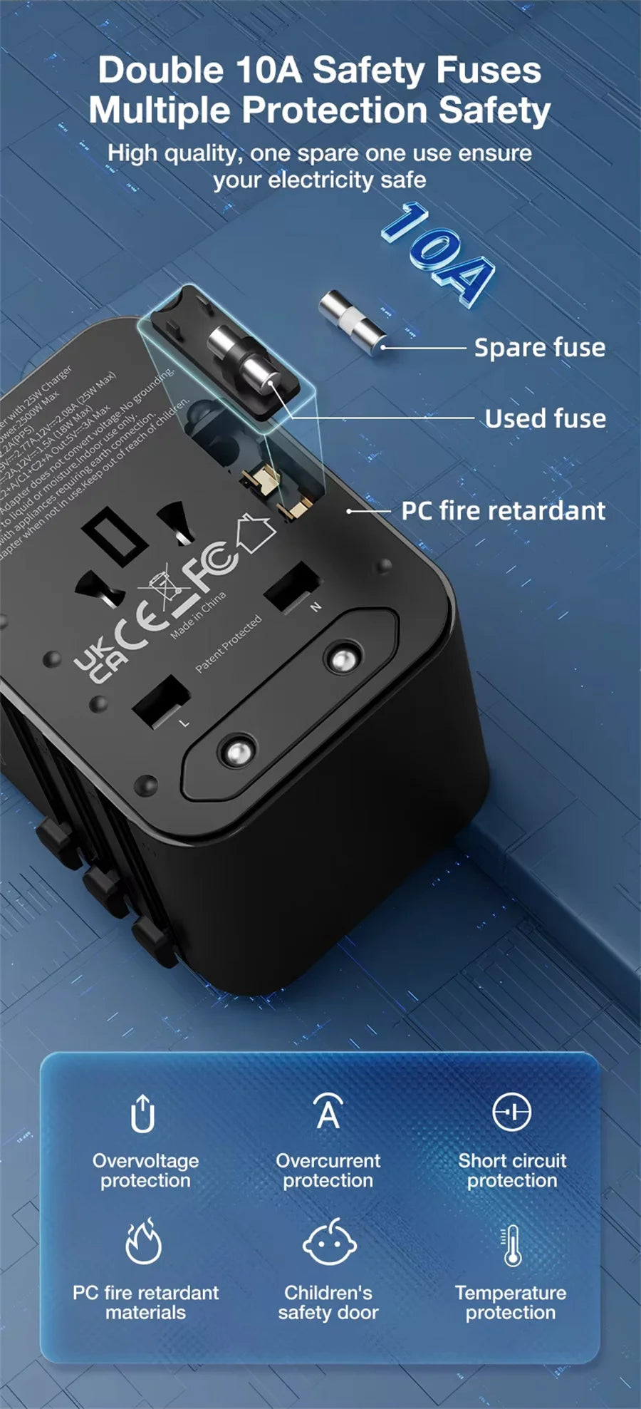 Universal 2500W Travel Adapter – 4 AC Outlets, 1 USB & 2 Type-C PD 25W Fast Charging EU/UK/US/AUS Plug