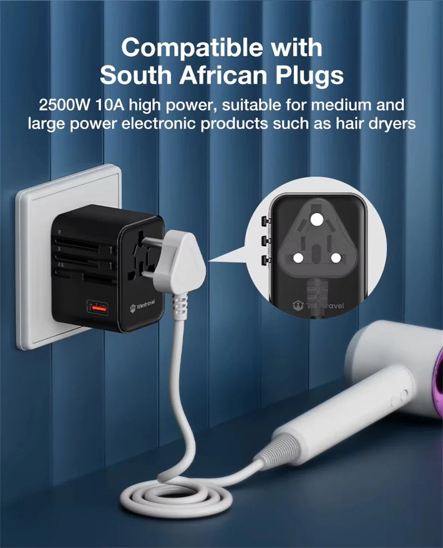 Universal 2500W Travel Adapter – 4 AC Outlets, 1 USB & 2 Type-C PD 25W Fast Charging EU/UK/US/AUS Plug