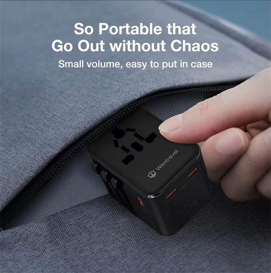 Universal 2500W Travel Adapter – 4 AC Outlets, 1 USB & 2 Type-C PD 25W Fast Charging EU/UK/US/AUS Plug