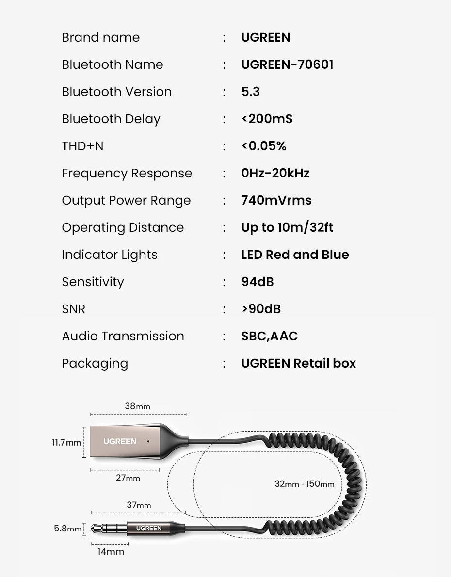 Bluetooth 5.3 Car Audio Receiver Wireless Hands-Free Adapter AUX 3.5mm