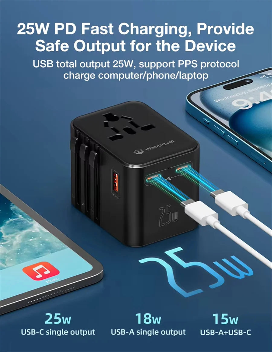 Universal 2500W Travel Adapter – 4 AC Outlets, 1 USB & 2 Type-C PD 25W Fast Charging EU/UK/US/AUS Plug