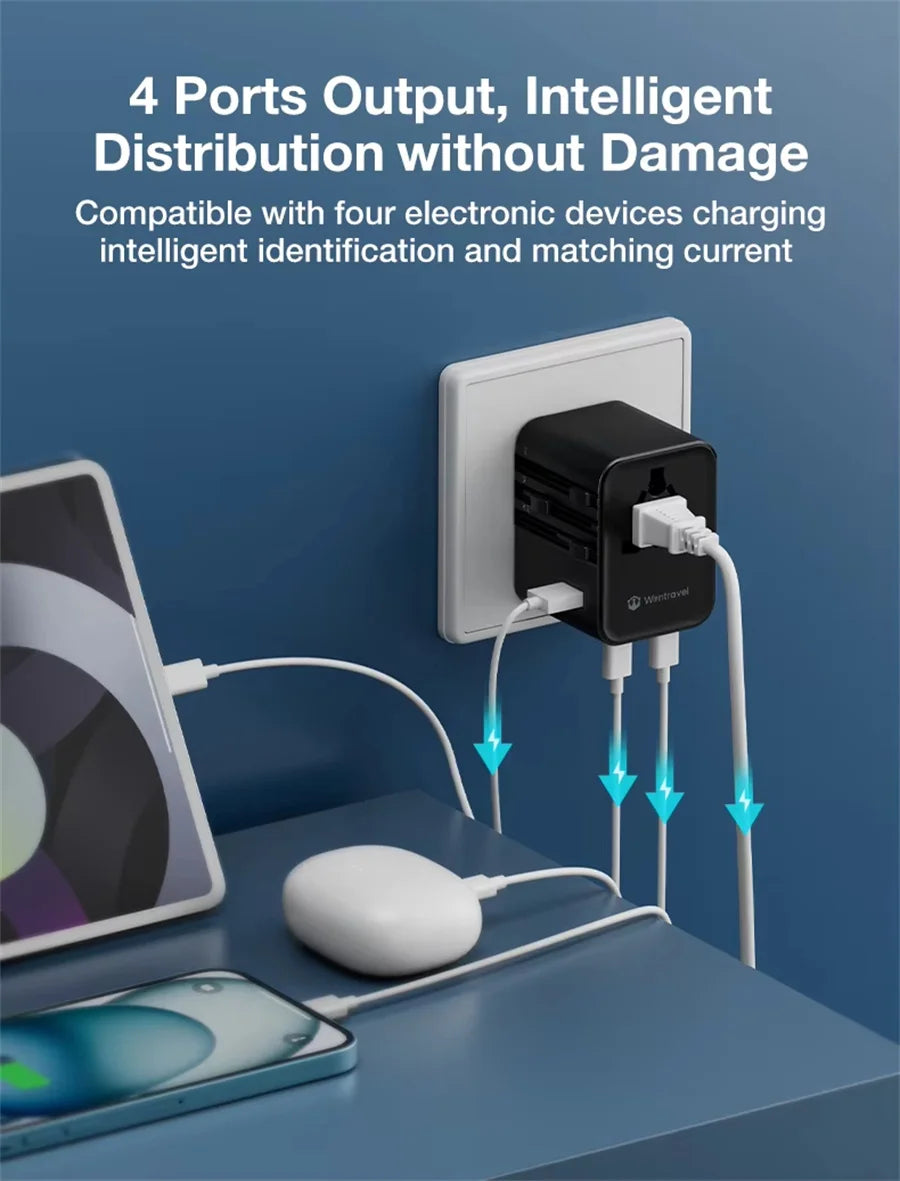 Universal 2500W Travel Adapter – 4 AC Outlets, 1 USB & 2 Type-C PD 25W Fast Charging EU/UK/US/AUS Plug