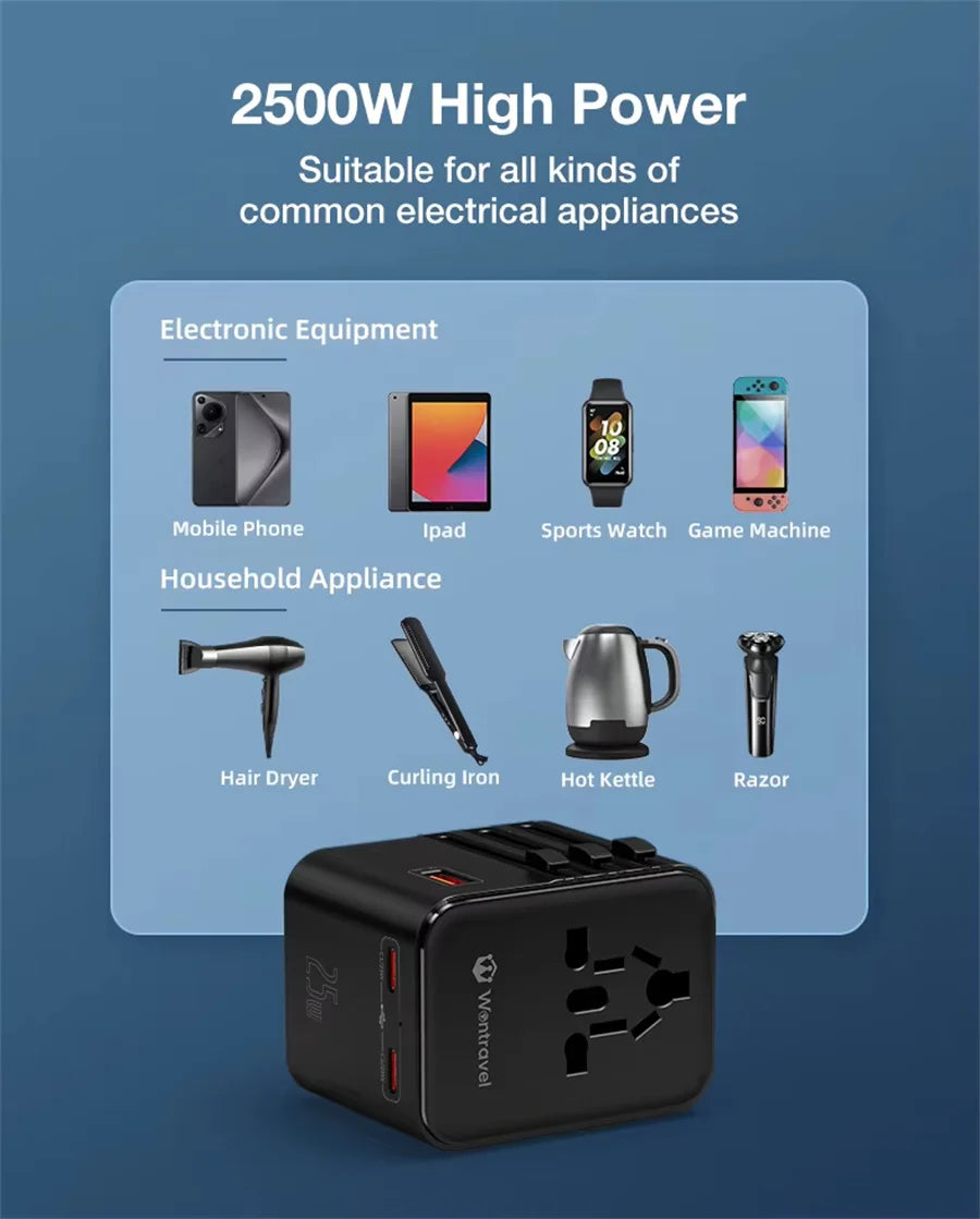 Universal 2500W Travel Adapter – 4 AC Outlets, 1 USB & 2 Type-C PD 25W Fast Charging EU/UK/US/AUS Plug