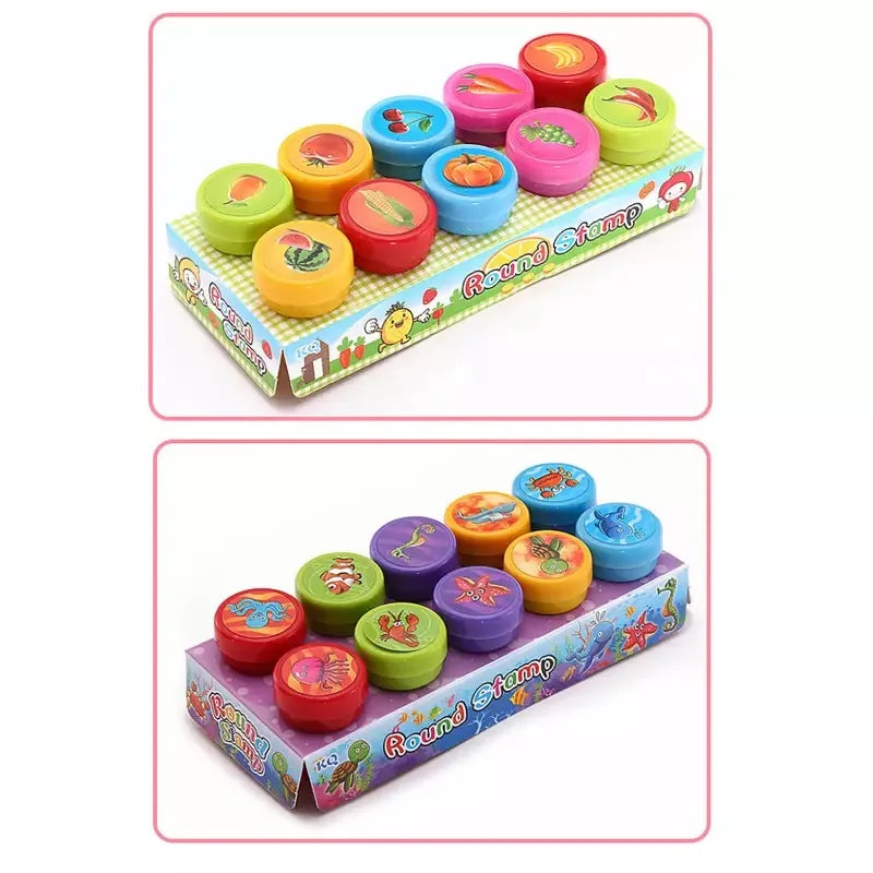 10pcs Kids Cartoon Stamp Set – Animal & Fruit DIY Stamper Toys for Scrapbooking & Crafts