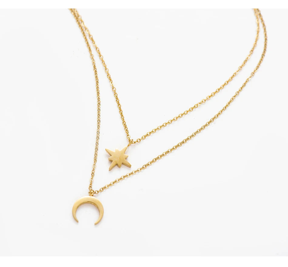 Moon Star Layered Necklace for Women Girl Sweater Pendant Necklaces Gold Plated Charm Stainless Steel Fashion Jewelry Gift