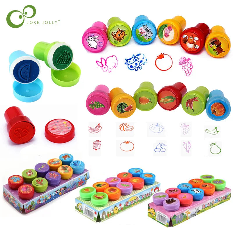 10pcs Kids Cartoon Stamp Set – Animal & Fruit DIY Stamper Toys for Scrapbooking & Crafts