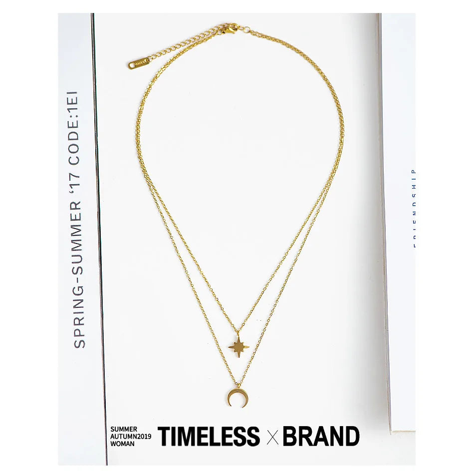 Moon Star Layered Necklace for Women Girl Sweater Pendant Necklaces Gold Plated Charm Stainless Steel Fashion Jewelry Gift