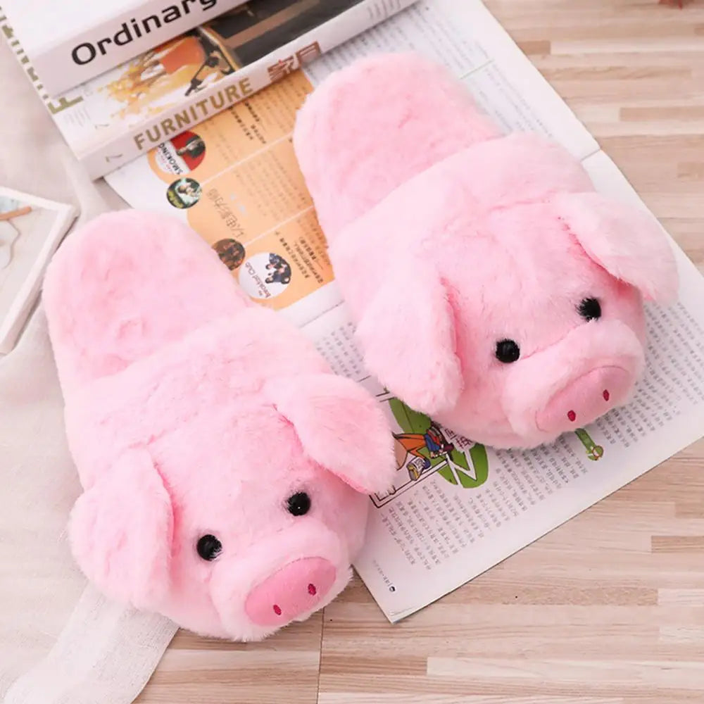 Cute Pink Pig Plush Slippers – Warm Winter Furry Indoor Shoes for Women