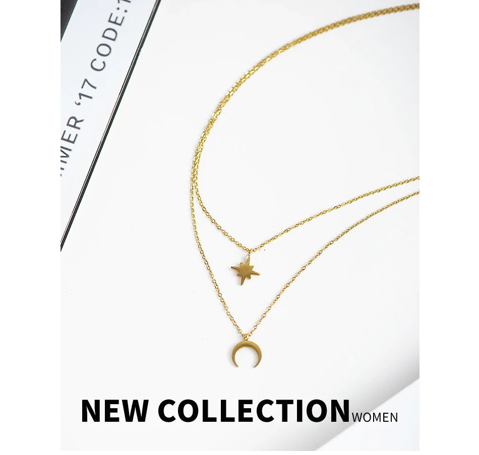 Moon Star Layered Necklace for Women Girl Sweater Pendant Necklaces Gold Plated Charm Stainless Steel Fashion Jewelry Gift