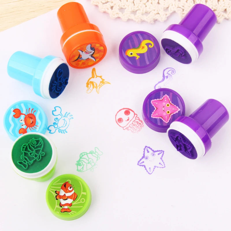 10pcs Kids Cartoon Stamp Set – Animal & Fruit DIY Stamper Toys for Scrapbooking & Crafts