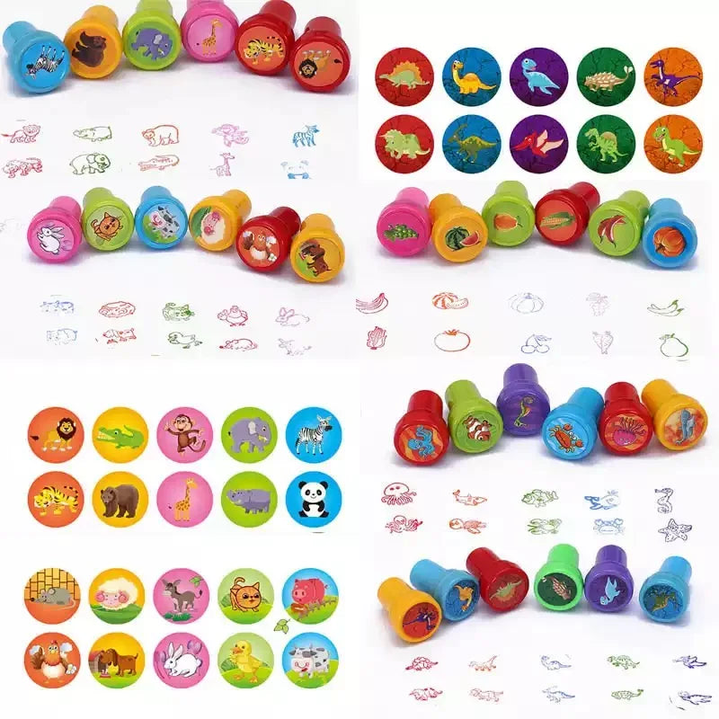 10pcs Kids Cartoon Stamp Set – Animal & Fruit DIY Stamper Toys for Scrapbooking & Crafts