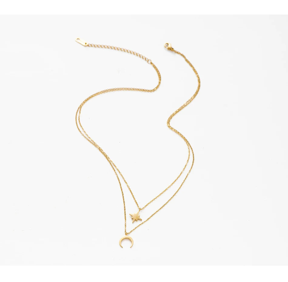 Moon Star Layered Necklace for Women Girl Sweater Pendant Necklaces Gold Plated Charm Stainless Steel Fashion Jewelry Gift
