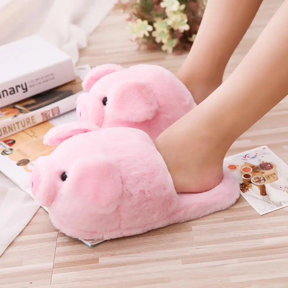 Cute Pink Pig Plush Slippers – Warm Winter Furry Indoor Shoes for Women