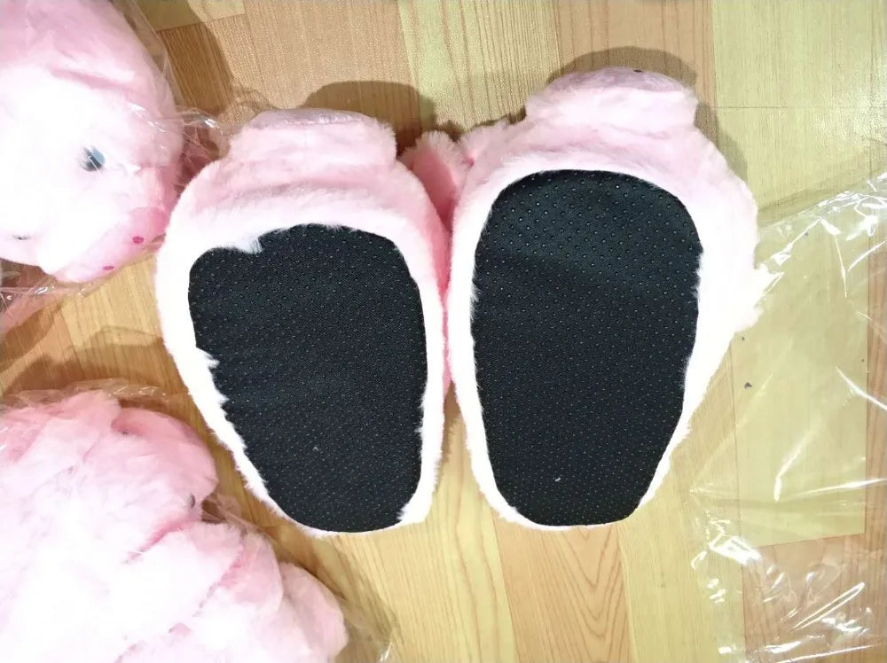 Cute Pink Pig Plush Slippers – Warm Winter Furry Indoor Shoes for Women