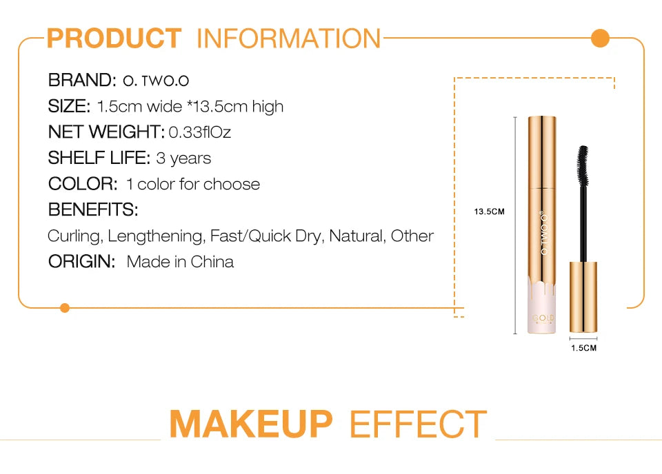 O.TWO.O 3D Mascara – Lengthening Black Lash Eyelash Extension, Long-Wearing Gold Color Brush