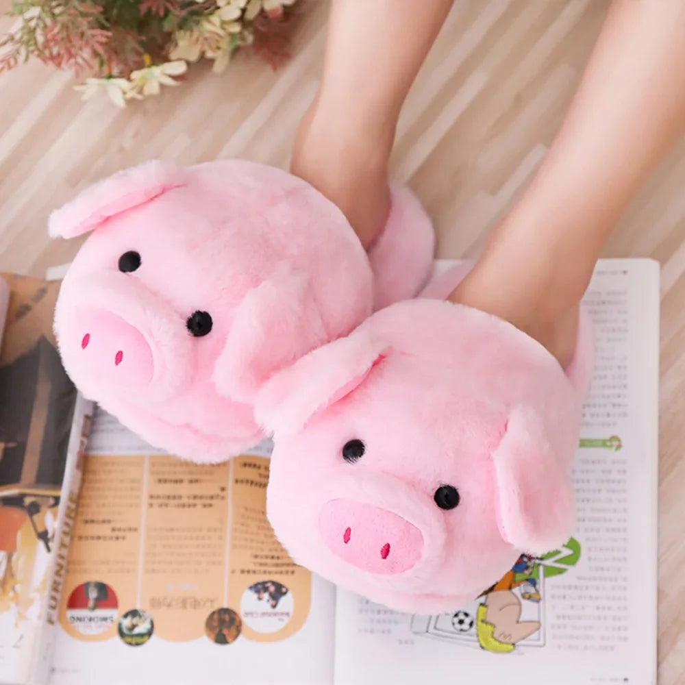 Cute Pink Pig Plush Slippers – Warm Winter Furry Indoor Shoes for Women