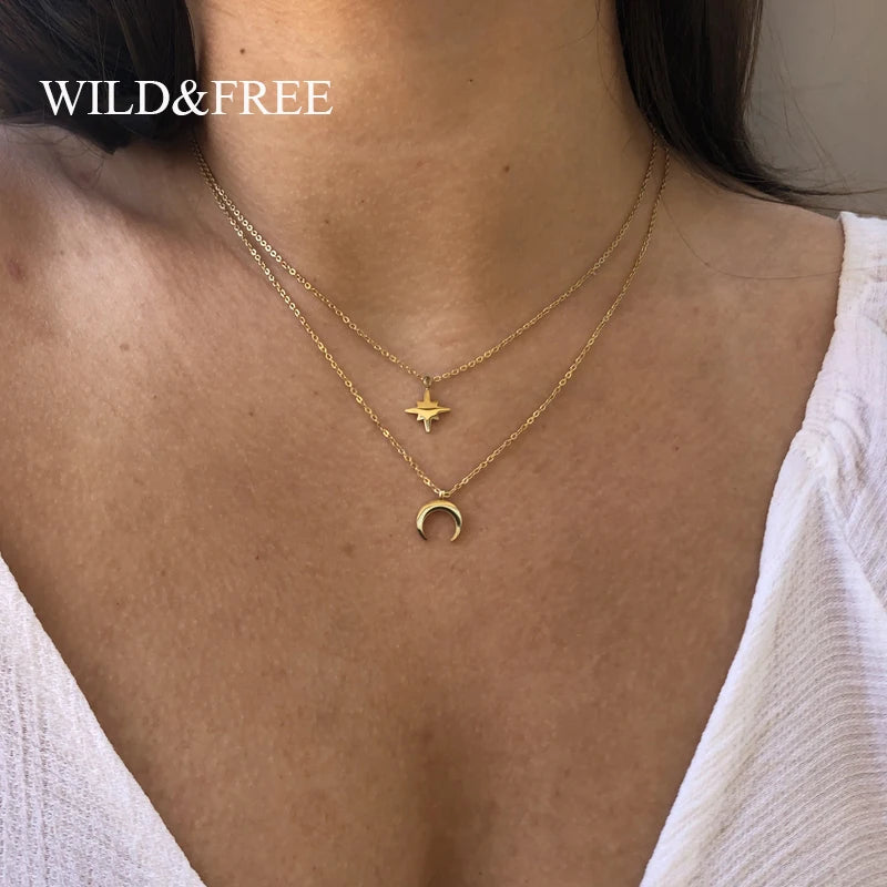 Moon Star Layered Necklace for Women Girl Sweater Pendant Necklaces Gold Plated Charm Stainless Steel Fashion Jewelry Gift