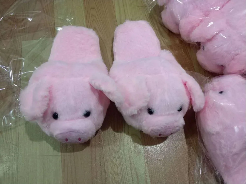 Cute Pink Pig Plush Slippers – Warm Winter Furry Indoor Shoes for Women
