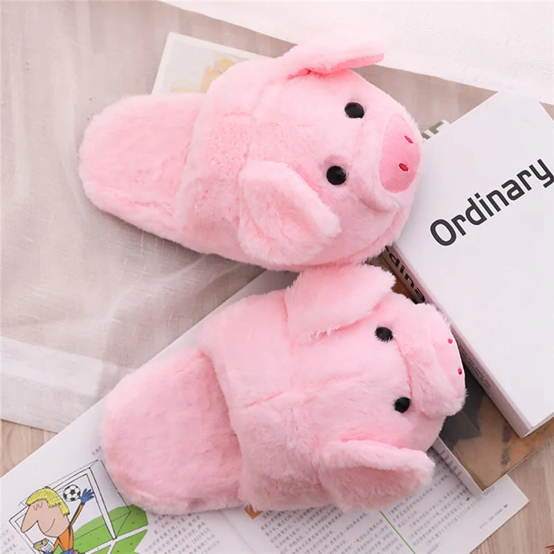 Cute Pink Pig Plush Slippers – Warm Winter Furry Indoor Shoes for Women