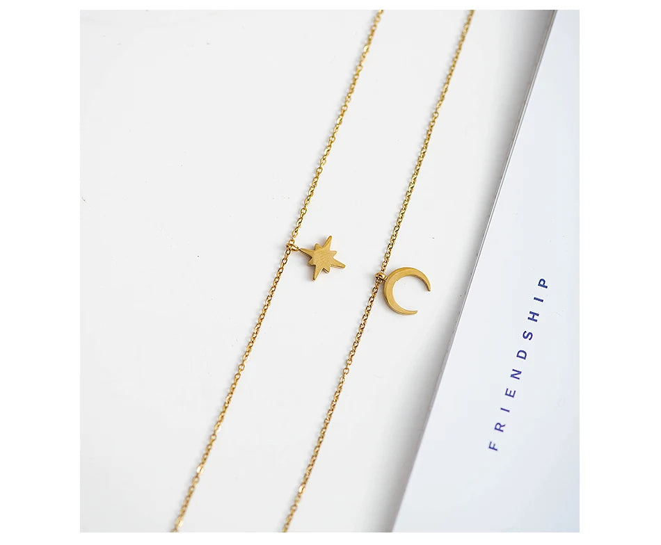 Moon Star Layered Necklace for Women Girl Sweater Pendant Necklaces Gold Plated Charm Stainless Steel Fashion Jewelry Gift