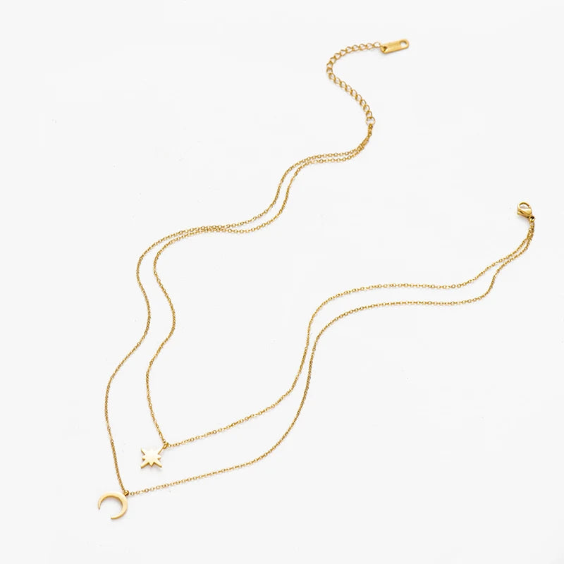 Moon Star Layered Necklace for Women Girl Sweater Pendant Necklaces Gold Plated Charm Stainless Steel Fashion Jewelry Gift