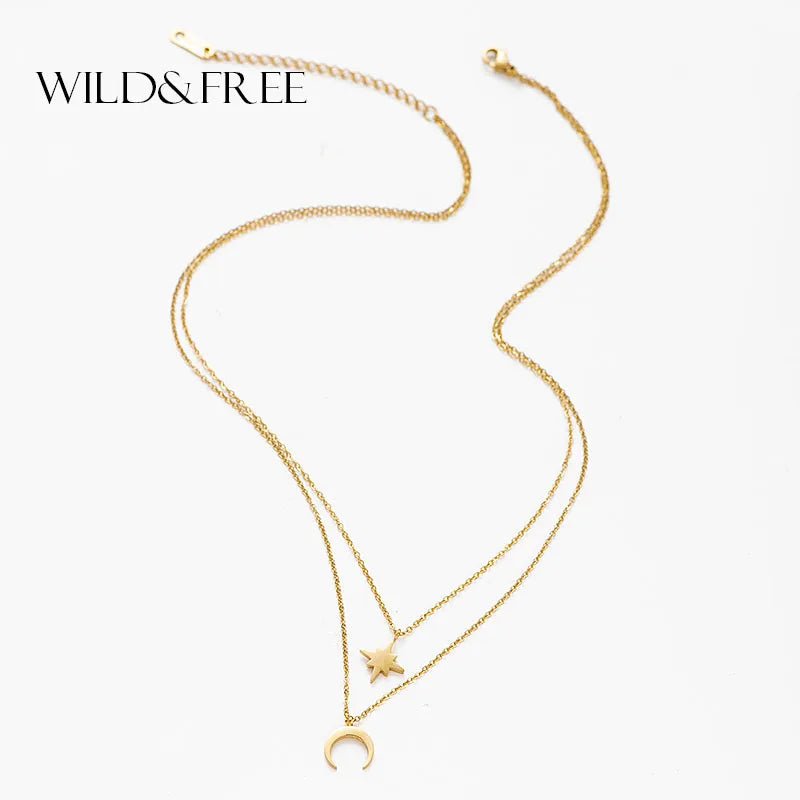 Moon Star Layered Necklace for Women Girl Sweater Pendant Necklaces Gold Plated Charm Stainless Steel Fashion Jewelry Gift