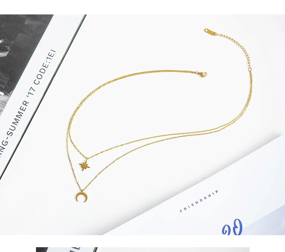 Moon Star Layered Necklace for Women Girl Sweater Pendant Necklaces Gold Plated Charm Stainless Steel Fashion Jewelry Gift