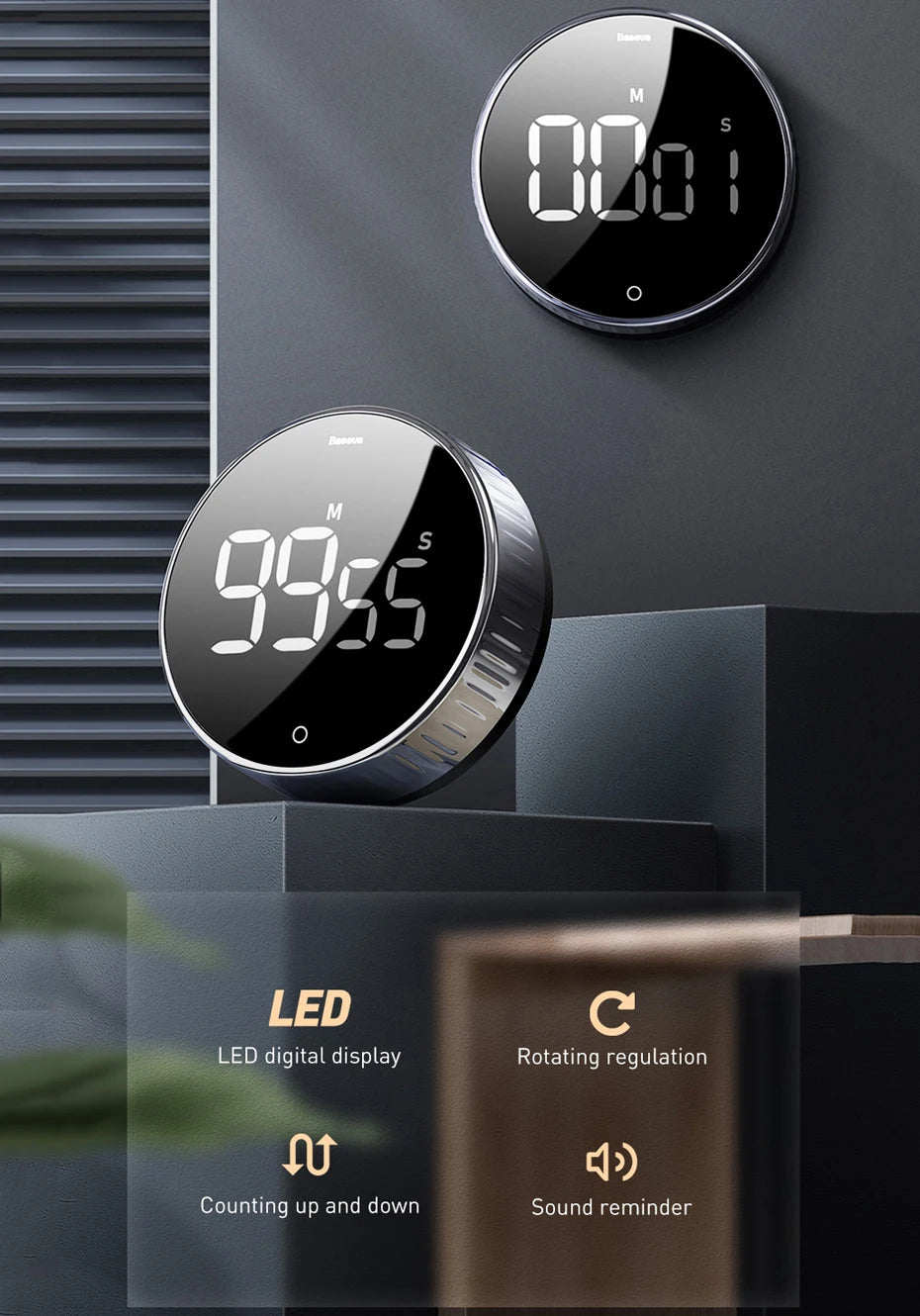Baseus Magnetic Kitchen Timer – Digital & Mechanical Countdown Alarm