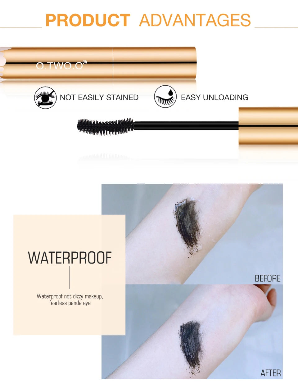 O.TWO.O 3D Mascara – Lengthening Black Lash Eyelash Extension, Long-Wearing Gold Color Brush
