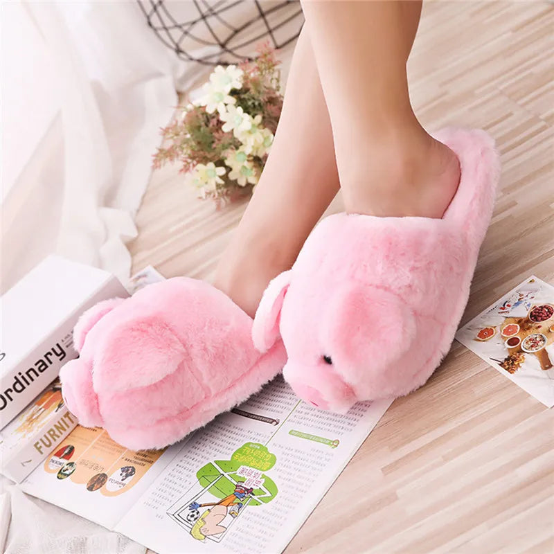 Cute Pink Pig Plush Slippers – Warm Winter Furry Indoor Shoes for Women