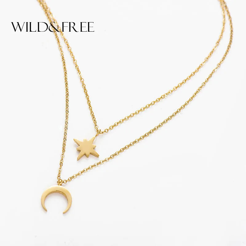 Moon Star Layered Necklace for Women Girl Sweater Pendant Necklaces Gold Plated Charm Stainless Steel Fashion Jewelry Gift