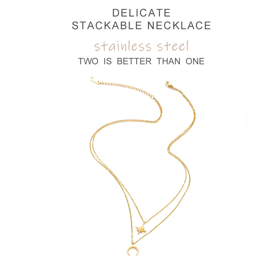Moon Star Layered Necklace for Women Girl Sweater Pendant Necklaces Gold Plated Charm Stainless Steel Fashion Jewelry Gift