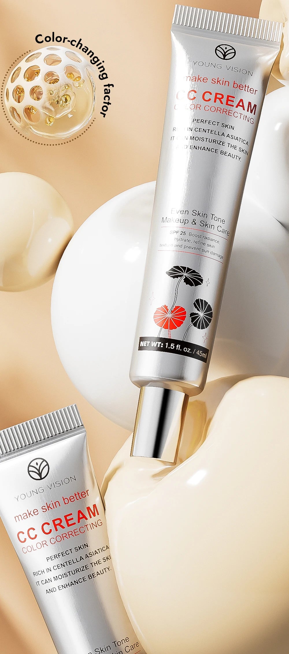 2-Color Brightening CC Cream with Puff – Even Skin Tone & Conceal Pores, Women’s Makeup Cosmetics