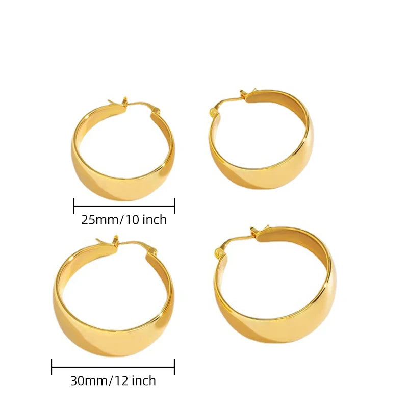 25/30mm Gold-Plated Wide Hoop Earrings – Stainless Steel Smooth Circle Statement Jewelry for Women