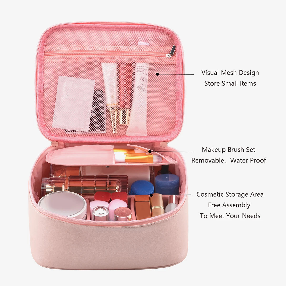 Pink Makeup Train Case – Travel Cosmetic Organizer with Adjustable Dividers
