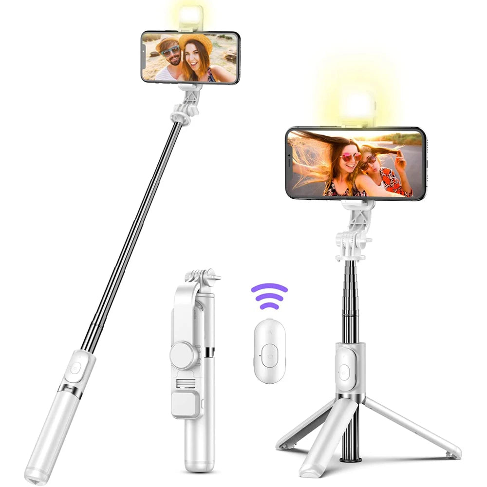 Wireless Bluetooth Selfie Stick Tripod with Fill Light & Remote – Foldable Portable Phone Stand for iPhone & Android