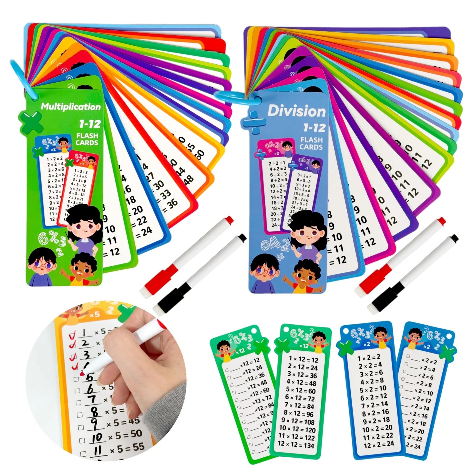 Digital Learning Math Flash Cards Set – 15 Reusable Cards with Erasable Pens for Kids Math Practice & Memory Training