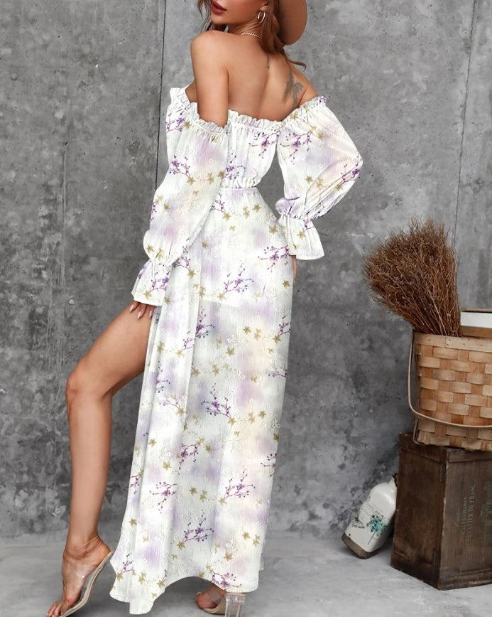 Elegant Party Dresses for Women 23 New Casual Fashion Print Trend Sexy Spicy Girl Off Shoulder Strap Split Waist Dress Vacation