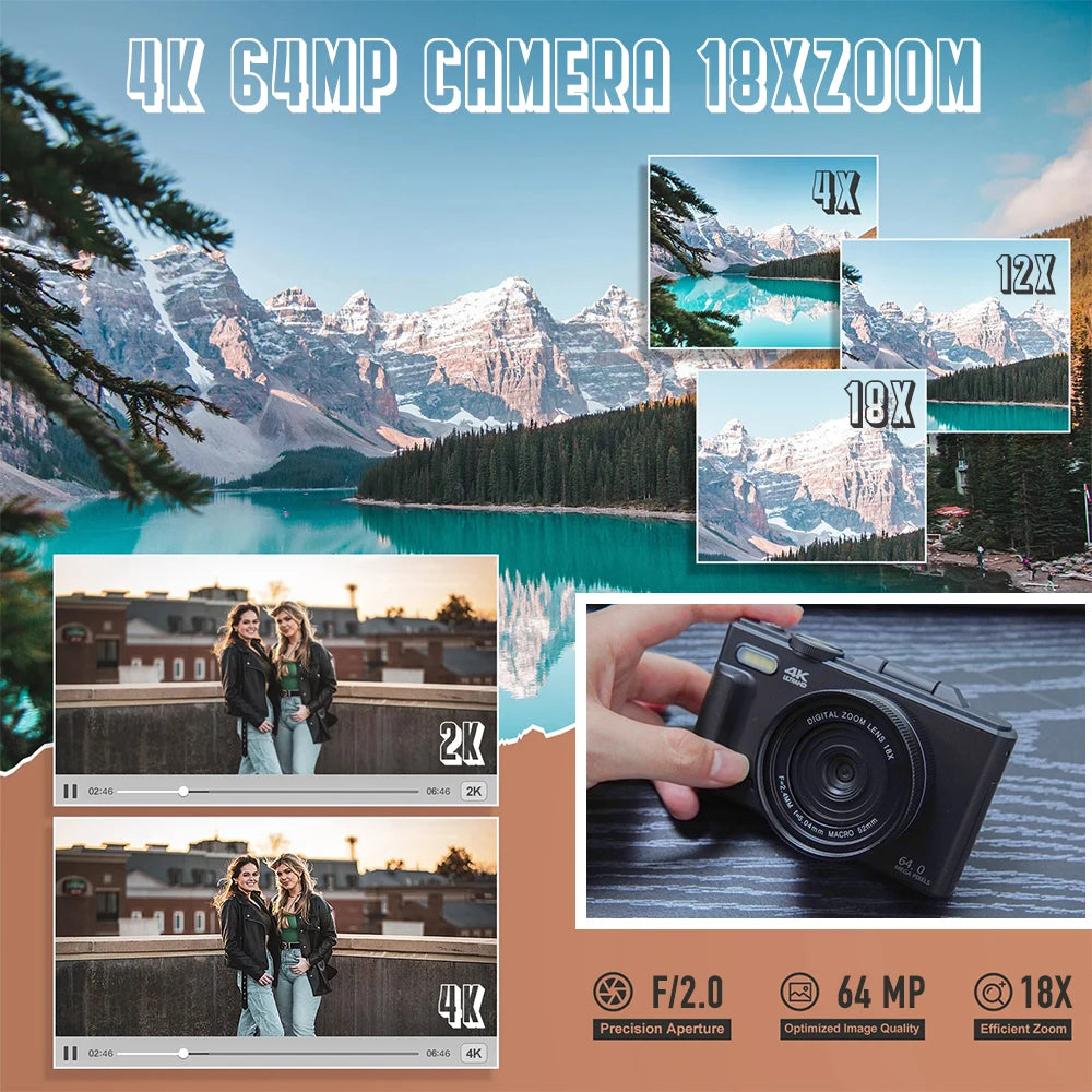 4K 64MP Digital Vlogging Camera – 18X Zoom Compact Photography Camera with 3” 180° Flip Screen & Flash