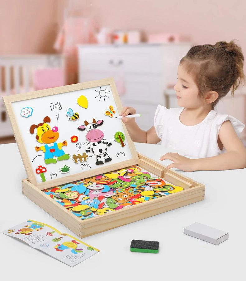 100+Pcs Wooden Magnetic Animal Puzzle Board – Multifunction Learning Drawing Toy for Kids Education & Creativity