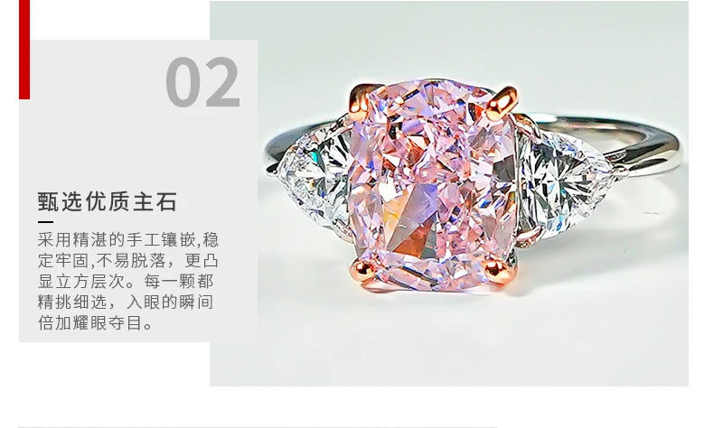 Luxury Pink Diamond Ice-Cut Ring – 925 Silver Radiant High Carbon Diamond Set