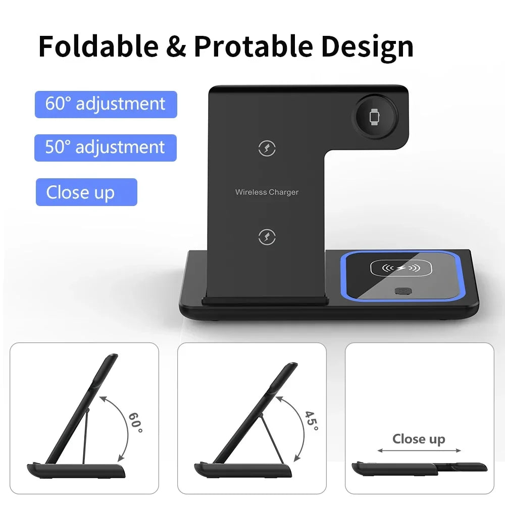 Foldable Wireless Charger Station for iPhone, Apple Watch & AirPods Fast Charging Dock
