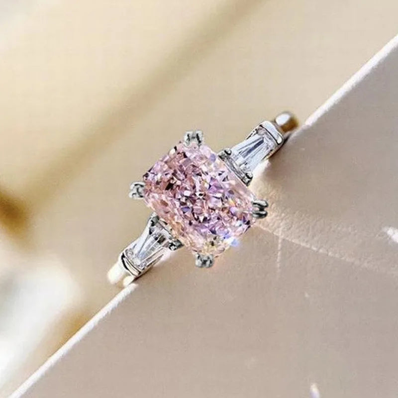Square Pink Zirconia Wedding Ring – 925 Sterling Silver Romantic Bridal Jewelry