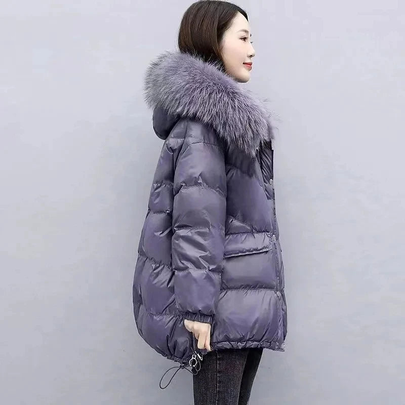 2025 Women’s Winter Down Cotton Jacket – Hooded Puffer Coat with Fur Collar