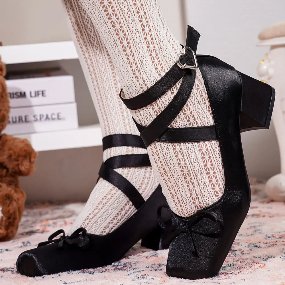 2025 Satin Pink Lolita Block Heels – Cute Cross-Strap Mary Janes for Women, Sweet Ballet Wedding Pumps