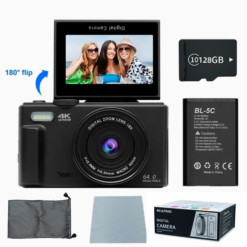 4K 64MP Digital Vlogging Camera – 18X Zoom Compact Photography Camera with 3” 180° Flip Screen & Flash