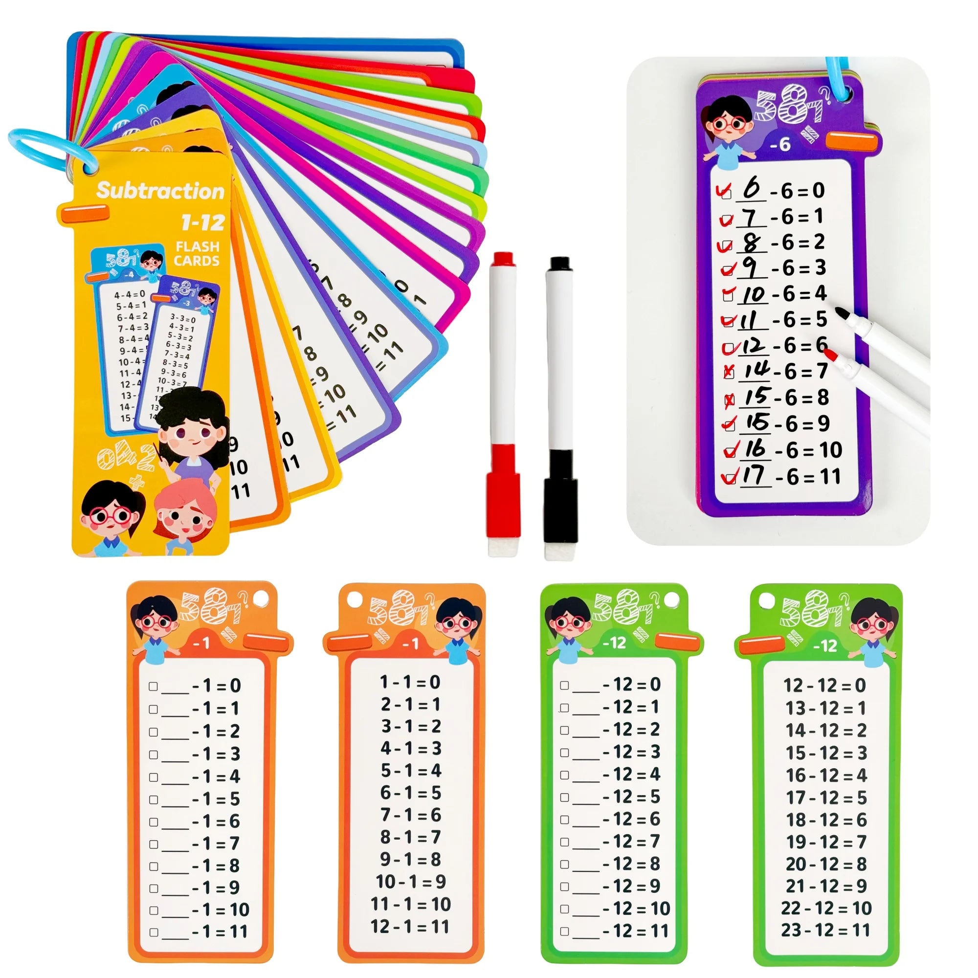 Digital Learning Math Flash Cards Set – 15 Reusable Cards with Erasable Pens for Kids Math Practice & Memory Training