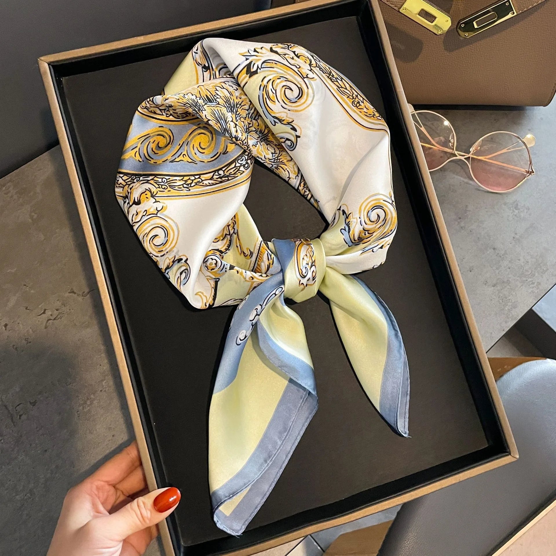 Luxury Fashion Print 70*70cm Silk Square Scarf Women Soft Satin Hairband Neckerchief Tie Female Headband Foulard Bag Ribbon
